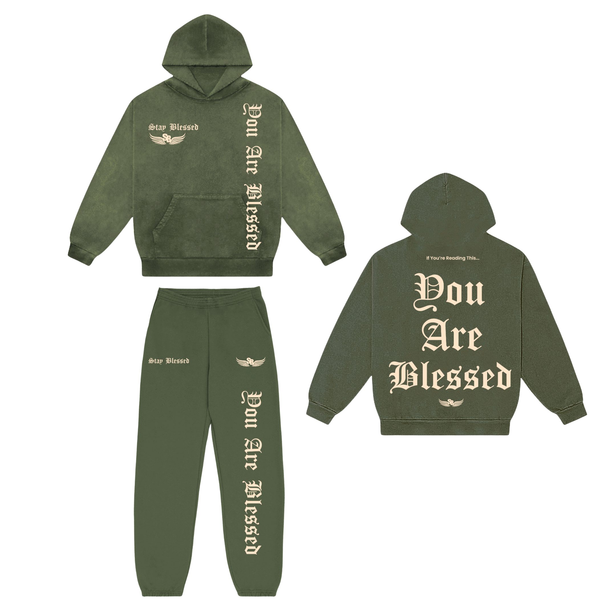 Stay Blessed - You Are Blessed Hoodie Set - Army Green